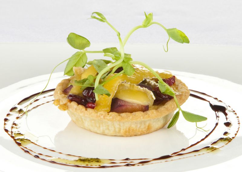 PORT WINE POACHED PEAR AND CRAISINS®  FLAN WITH BRIE LATTICE